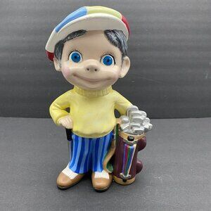 VTG Golfer Figurine GOLF Caddy Ceramic Statue‎ 10" Atlantic Mold Co 70s Smiley